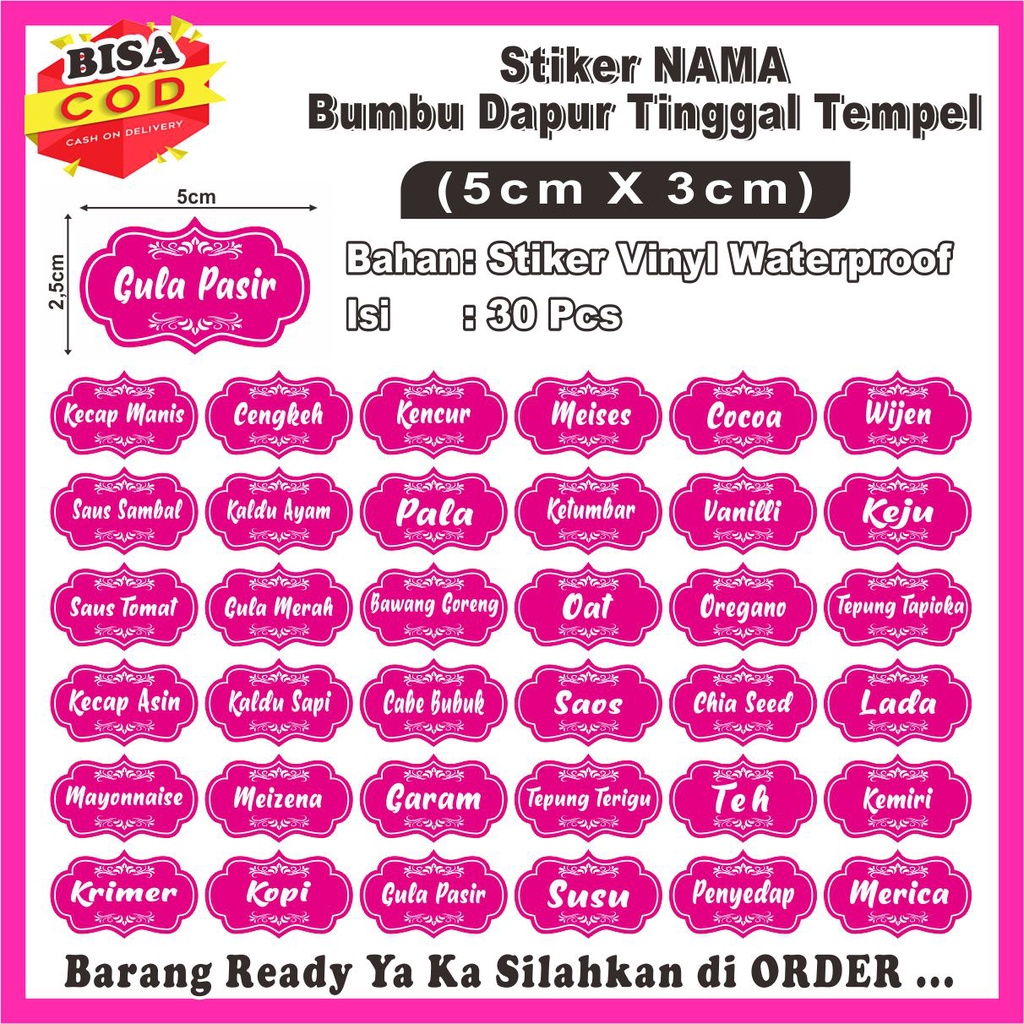 

COD✔ Stiker Label Nama Bumbu Dapur Tahan Air Isi 30 Pcs ukuran 3x5cm