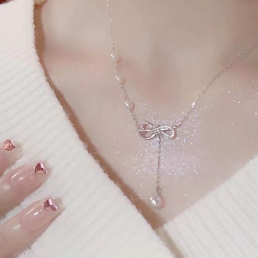 Kalung Mutiara Zircon Bentuk Pita Gaya Korea