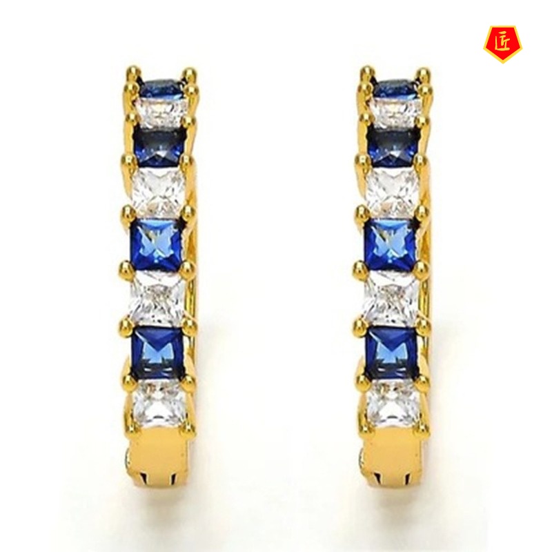 [Ready Stock]18K Gold Inlaid Sapphire Square Diamond Earrings