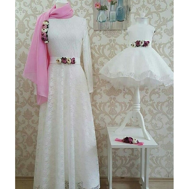 Gamis brokat putih couple ibu dan anak