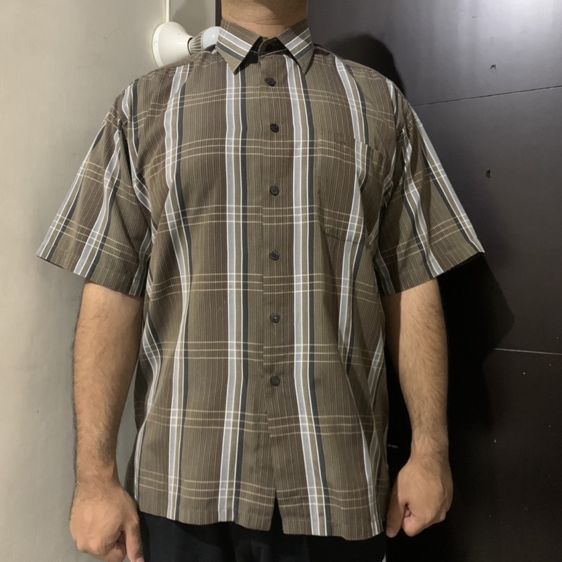 Kemeja Pria Kotak Coklat Crocodile Brown Cokelat XXL Lengan Pendek Murah Preloved