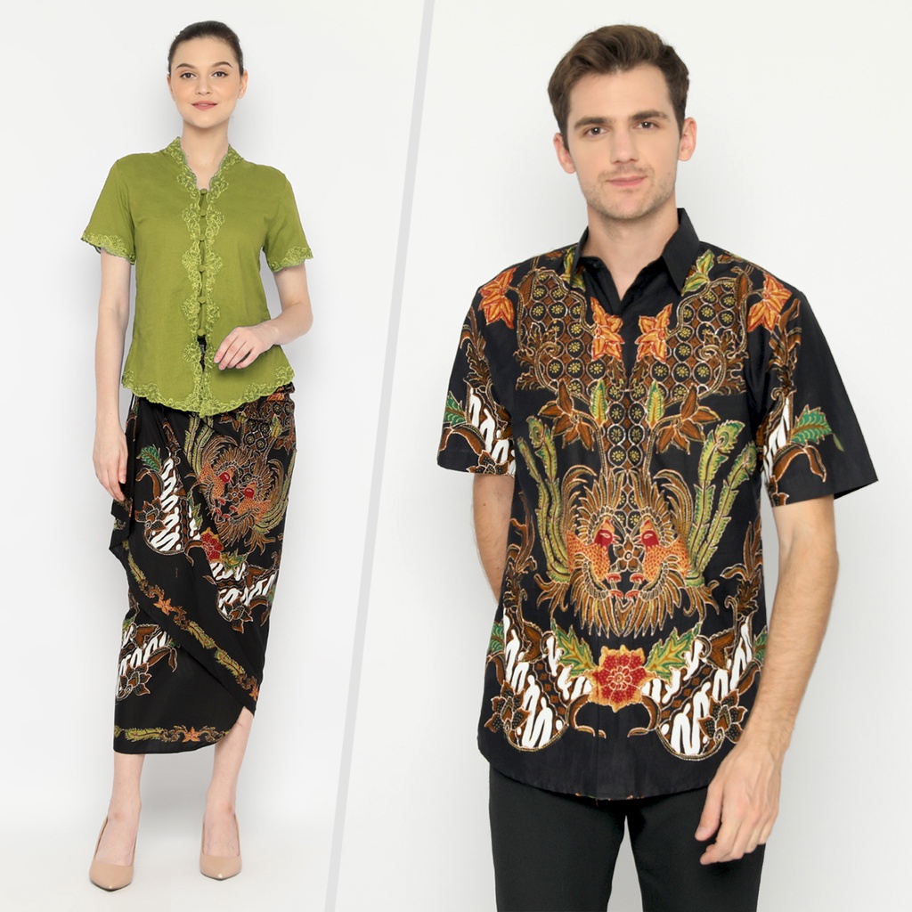 BATIK COUPLE MODERN Kemeja Rok Lilit Instan Batik Pria Lengan Pendek Premium Motif Casanova Hitam 721080 CAP 72