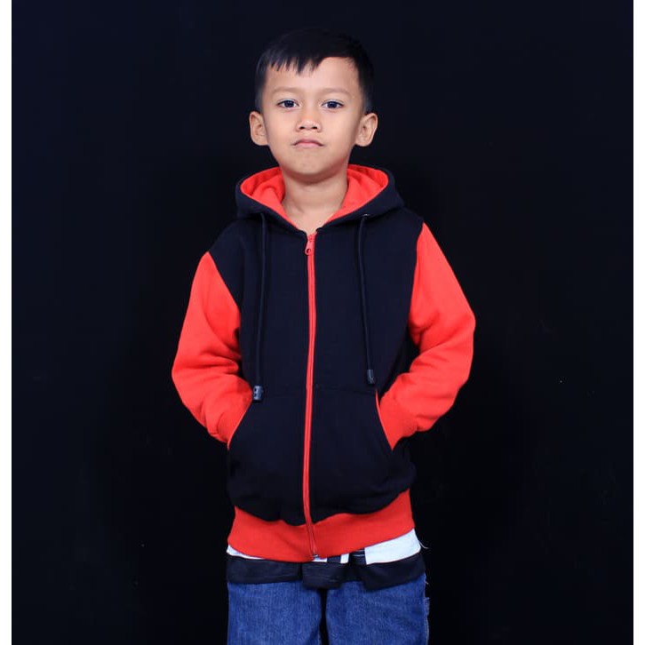 Jaket Hoodie Zipper Anak Anak Polos Merah Hitam