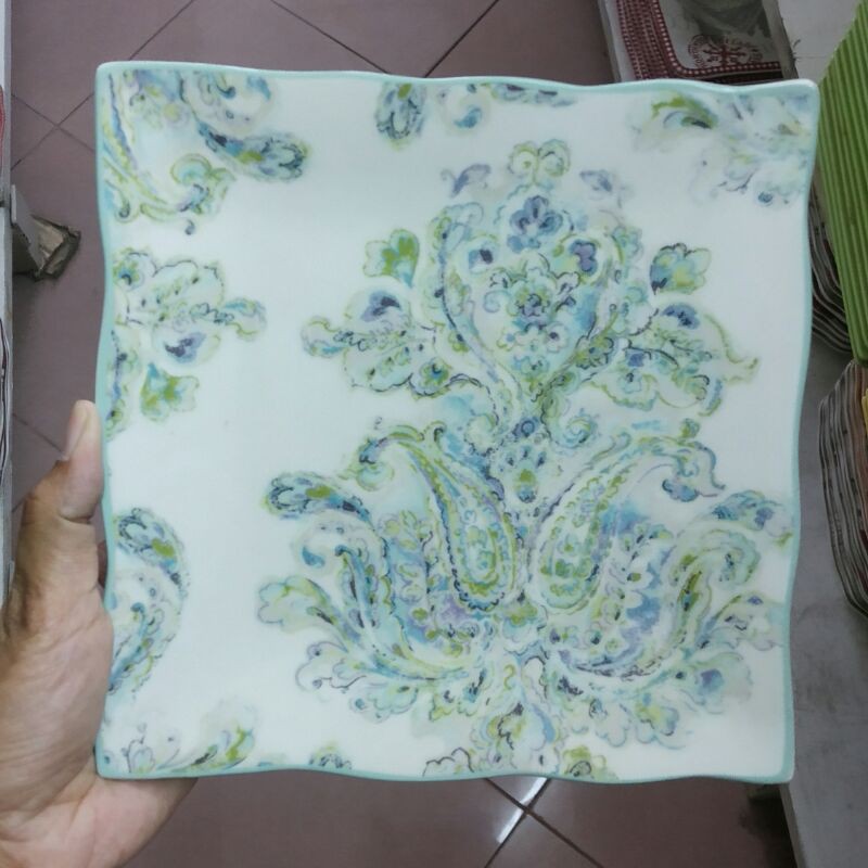 SQUARE SALAD PLATE PIRING KERAMIK HIAS SANGO CANTIK MOTIF BATIK PASTEL WARNA TOSCA MINT