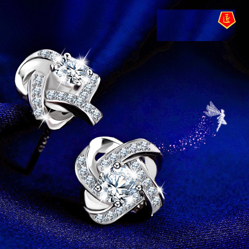 [Ready Stock]Silver Inlaid Moissanite Clover Ear Stud High-End Elegant