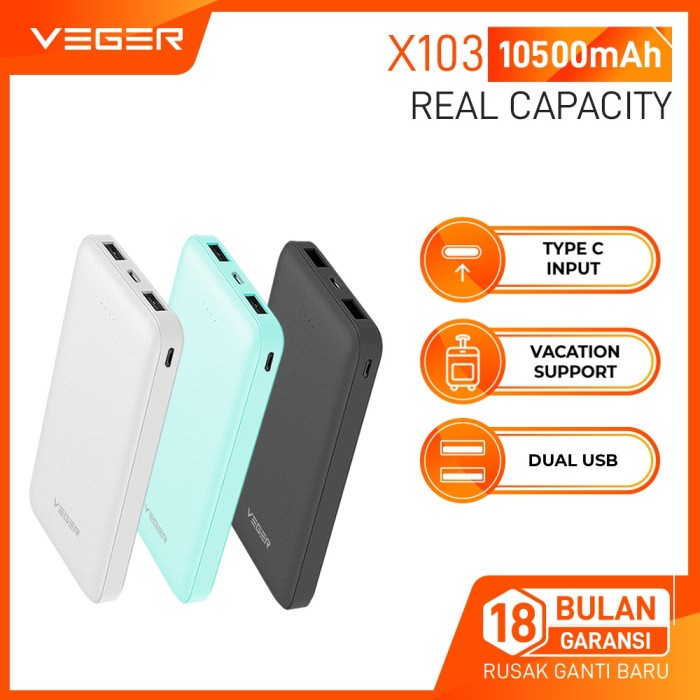 Custom Powerbank Veger X103 10.000mAh Real Capacity / Kapasitas Real