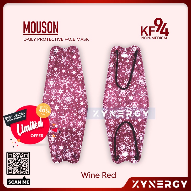 Masker Mouson KF94 Motif Wine Red 4 ply isi 10 Masker Non Medis Sekali Pakai