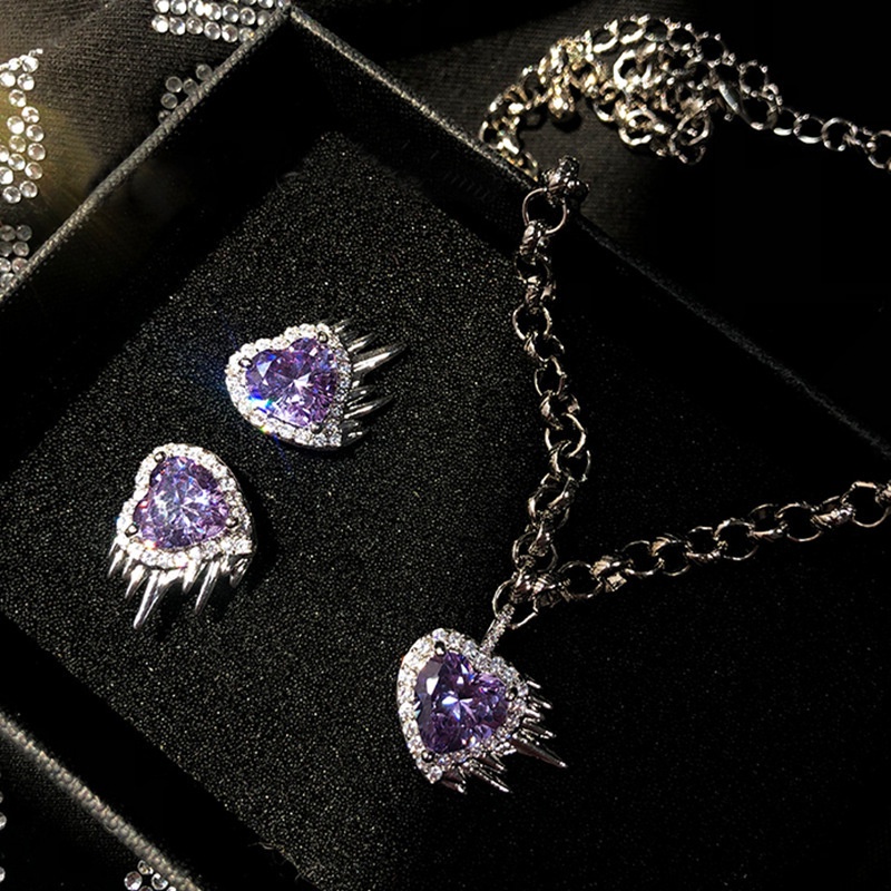 2pcs / Set Kalung Choker + Anting Tusuk Bentuk Hati Warna Ungu Untuk Perhiasan Wanita