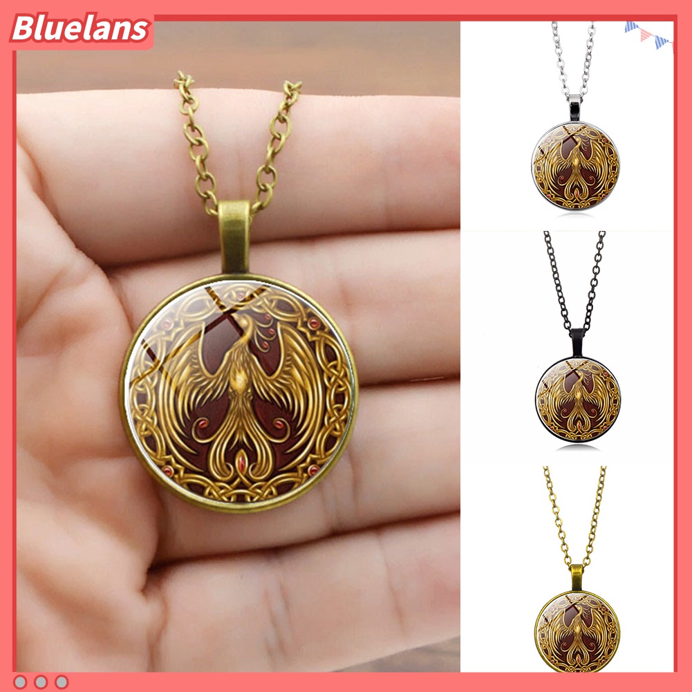 Kalung Rantai Liontin Kaca Cabochon Motif Phoenix Gaya Vintage Untuk Wanita