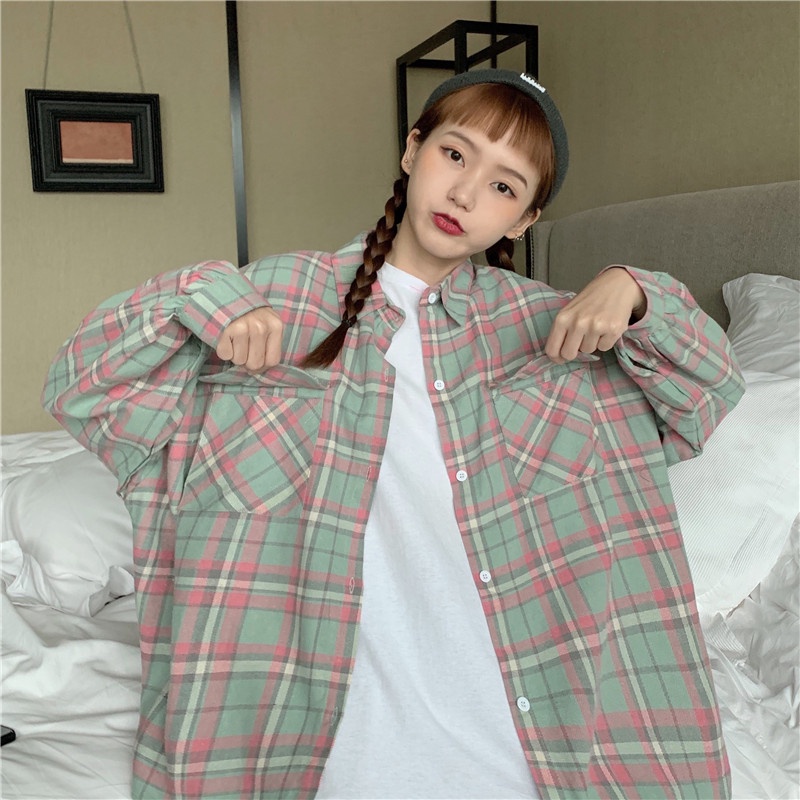 kemeja wanita Korea plaid shirt oversize retro panjang lengan semua pertandingan-8801hijau