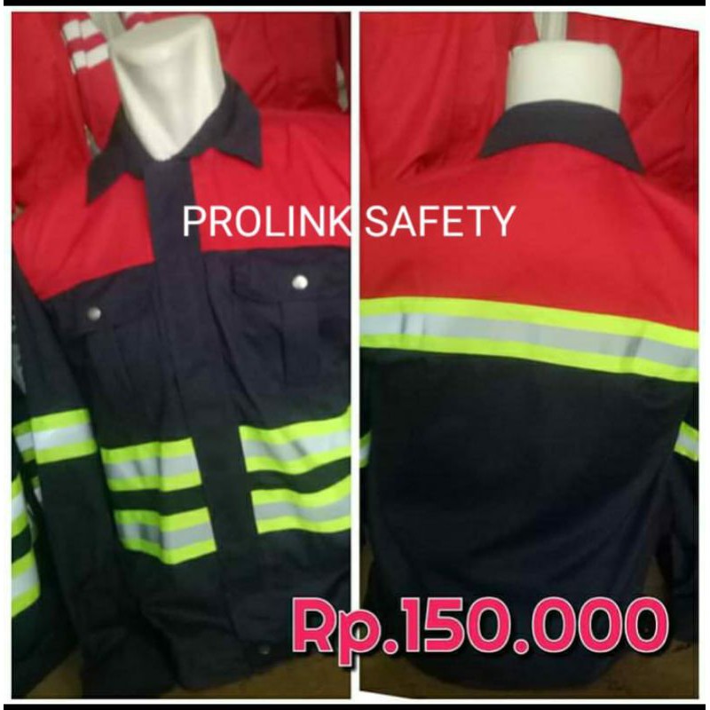 SERAGAM SAFETY KOMBINASI MERAH DONGKER SCOTLIGHT HIJAU 5CM FREE LOGO K3 BENDERA