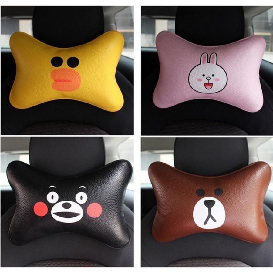 Bantal Sandaran Jok Mobil Import Kepala Leher Headrest Car Set BROWN Doraemon KULIT