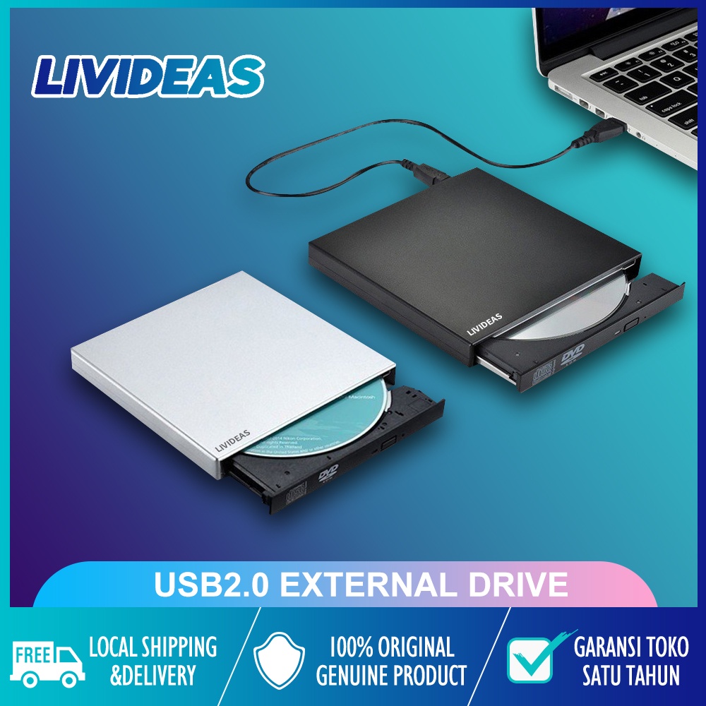 Livideas CD ROM Drive External DVD Drive Slim Portable Optical Drive Writer Burner Rewriter Untuk PC /Laptop
