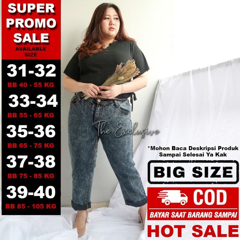 Baggy Boyfriend Jeans Wanita Jumbo Celana Jeans Oversize Big Size BB 55 - 105 KG - M FASHION