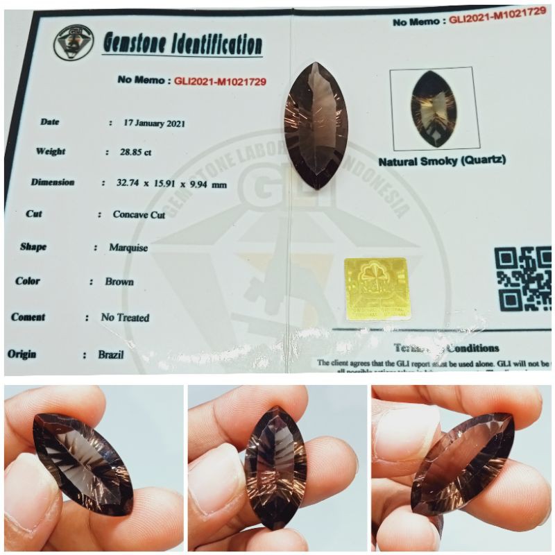 Natural Smoky Quartz 28 ct Jumbo concave cut NTD memo GLI Kecubung Teh Brazil