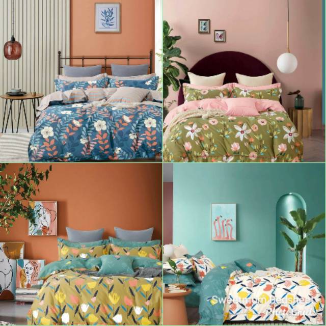 Seprei katun Jepang motif bunga hijau putih biru