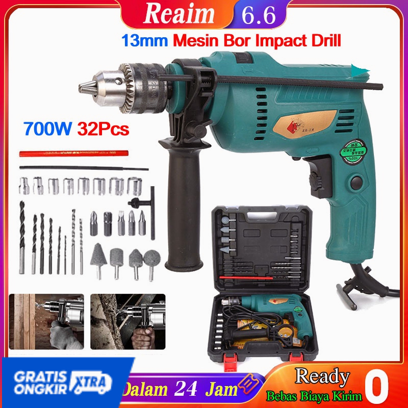 REAIM【Garansi 3 Tahun】13mm Mesin Bor Impact Drill Koper Set Besi Kayu Tembok 500W Modern Electric Impact Drill Mesin Bor Listrik  Set Aksesoris Box