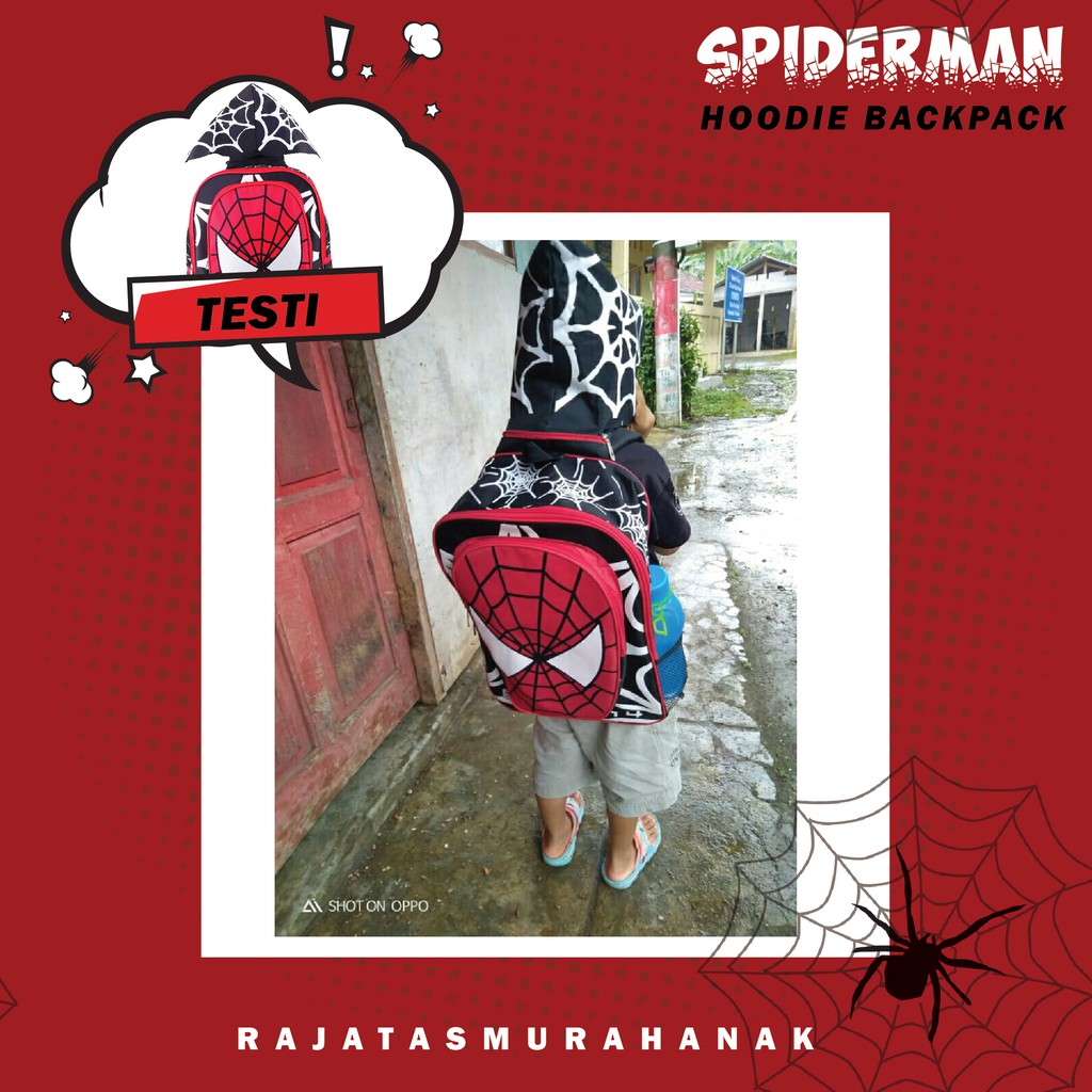 Tas Ransel Anak Laki Laki Karakter - Spiderman Hoodie.RTM / Bonus Tutup Kepala + FREE Botol Minum