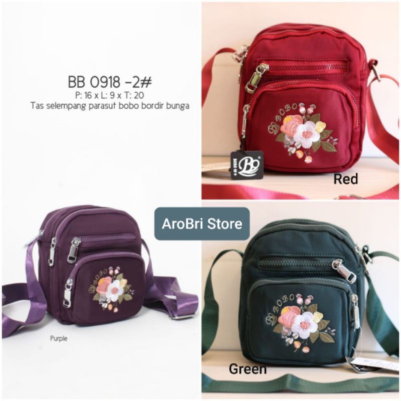 Tas selempang bahan parasut bordir bunga merk Bobo BB0918-2#