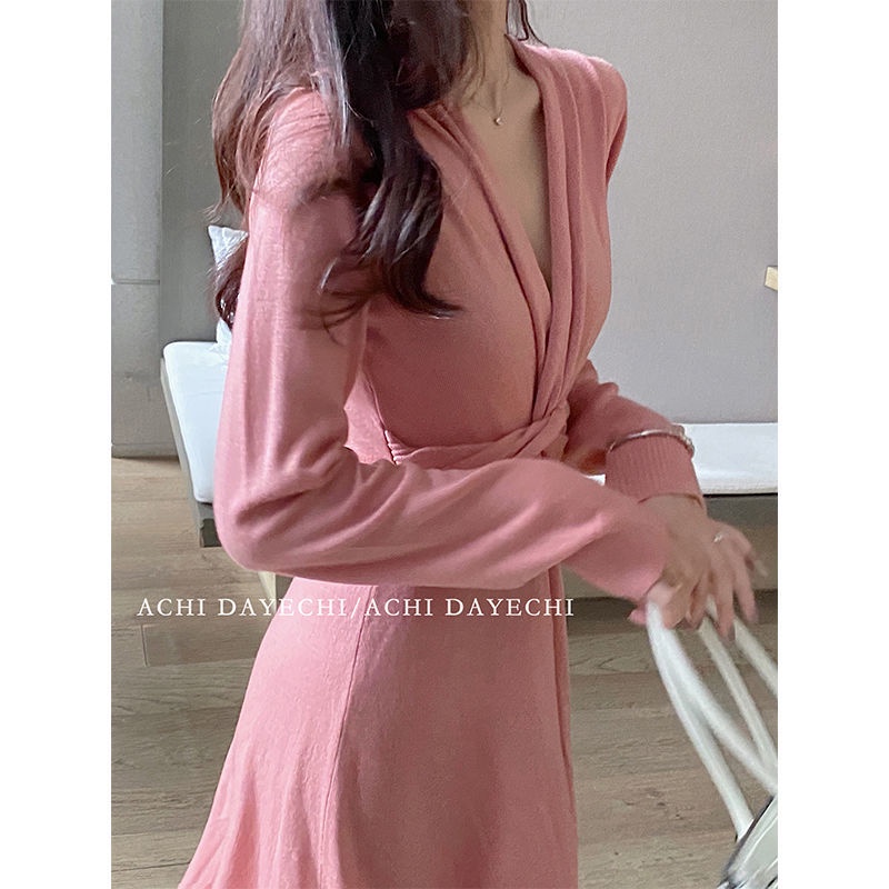 knitted V-neck dress cross thin A- line dress waist-controlled long sleeves