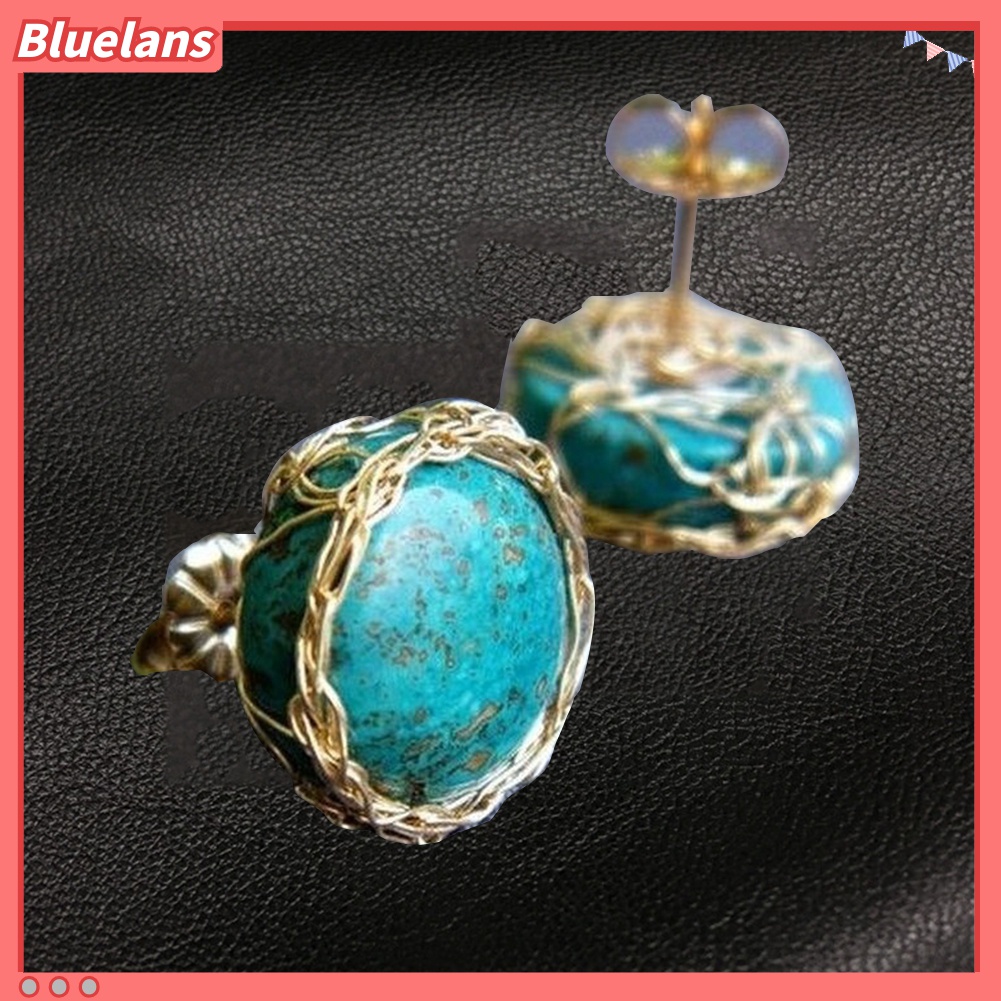 Anting Stud Bentuk Bulat Turquoise Imitasi Gaya Vintage Untuk Wanita