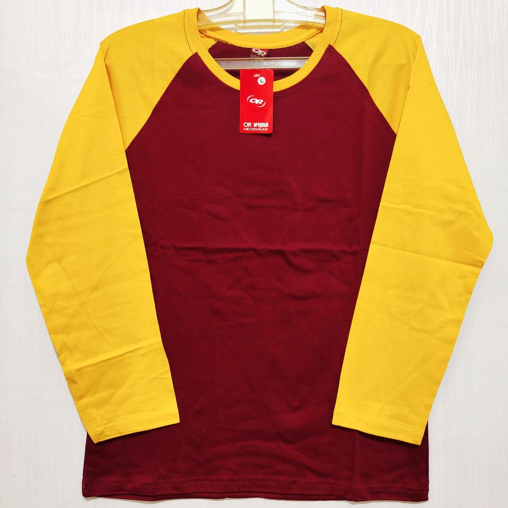 kaos polos raglan merah maron lengan kuning panjang M L XL XXL