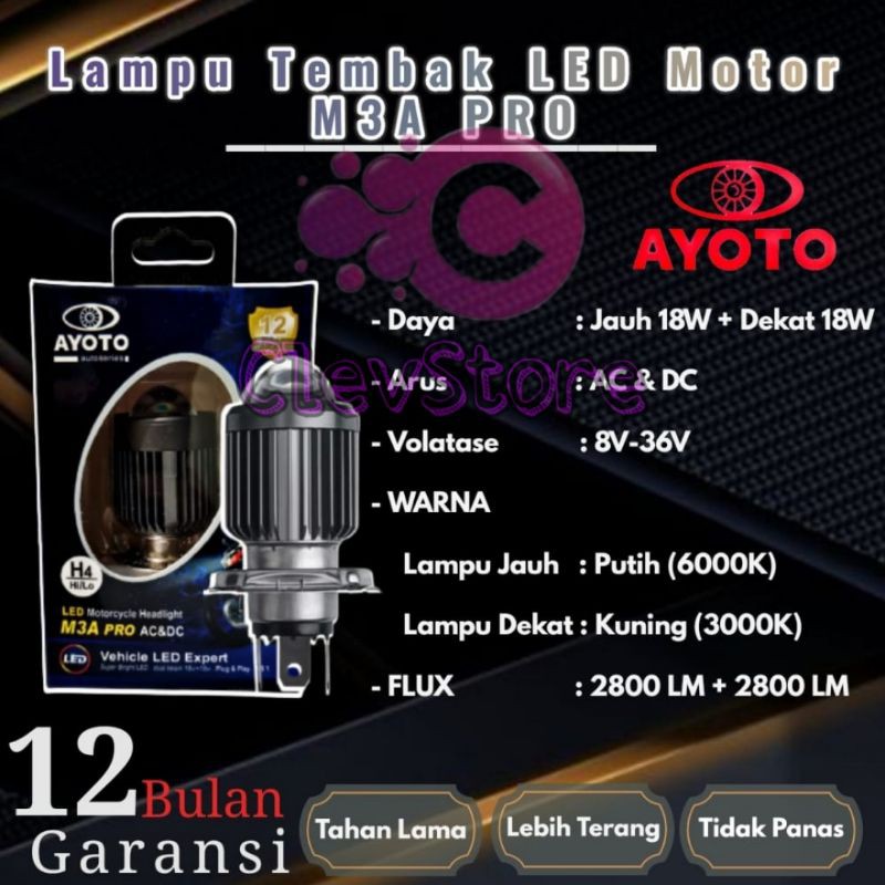 LAMPU LED Motor AYOTO M3A PRO 2 Warna H4 AC DC HI 18W LOW 18W