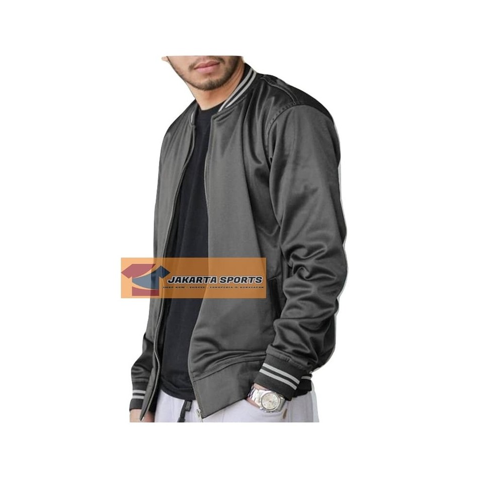 Jaket Pria simple branded  JAKET FULL ABU TUA RIB PUTIH ZIPPER - SWEATER BASEBALL VARSITY MURA 64CRR