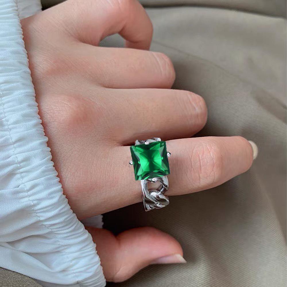 Mxbeauty Wanita Pembukaan Cincin Untuk Gadis Vintage Zirkon Hijau Geometris Rantai Silang Temperamen Buku Jari Rings