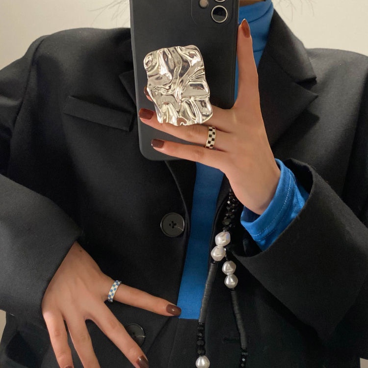 YEEZII Cincin Model Terbuka Desain Papan Catur Warna Hitam Putih Biru Gaya Retro Untuk Wanita