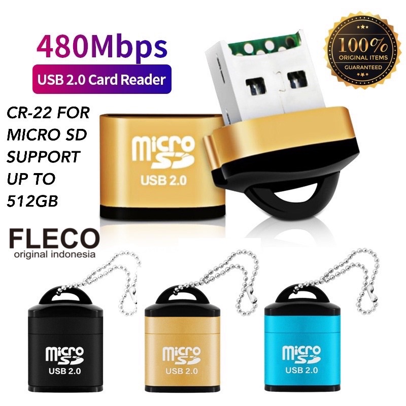 PROMO CARDREADER METALIC FLECO CR22 MICRO SD FASTER TRANSMISSION SPEED UP TO 512GB