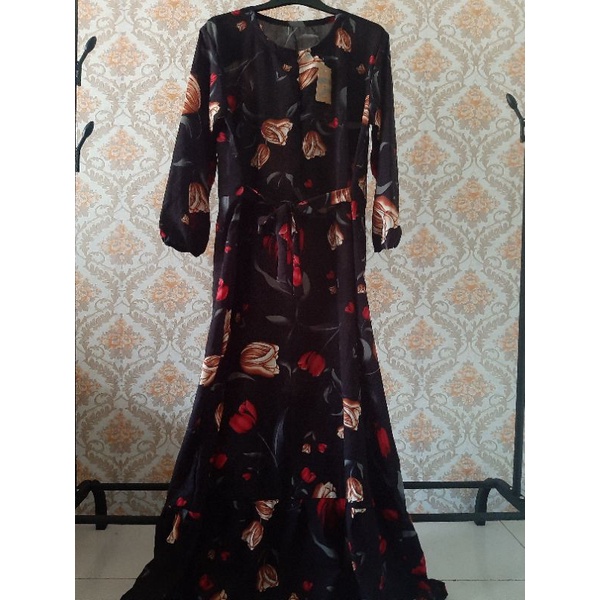 GAMIS MONALISA MOTIF TULIP HITAM RAMPEL LONGDRESS BUSUI MURAH