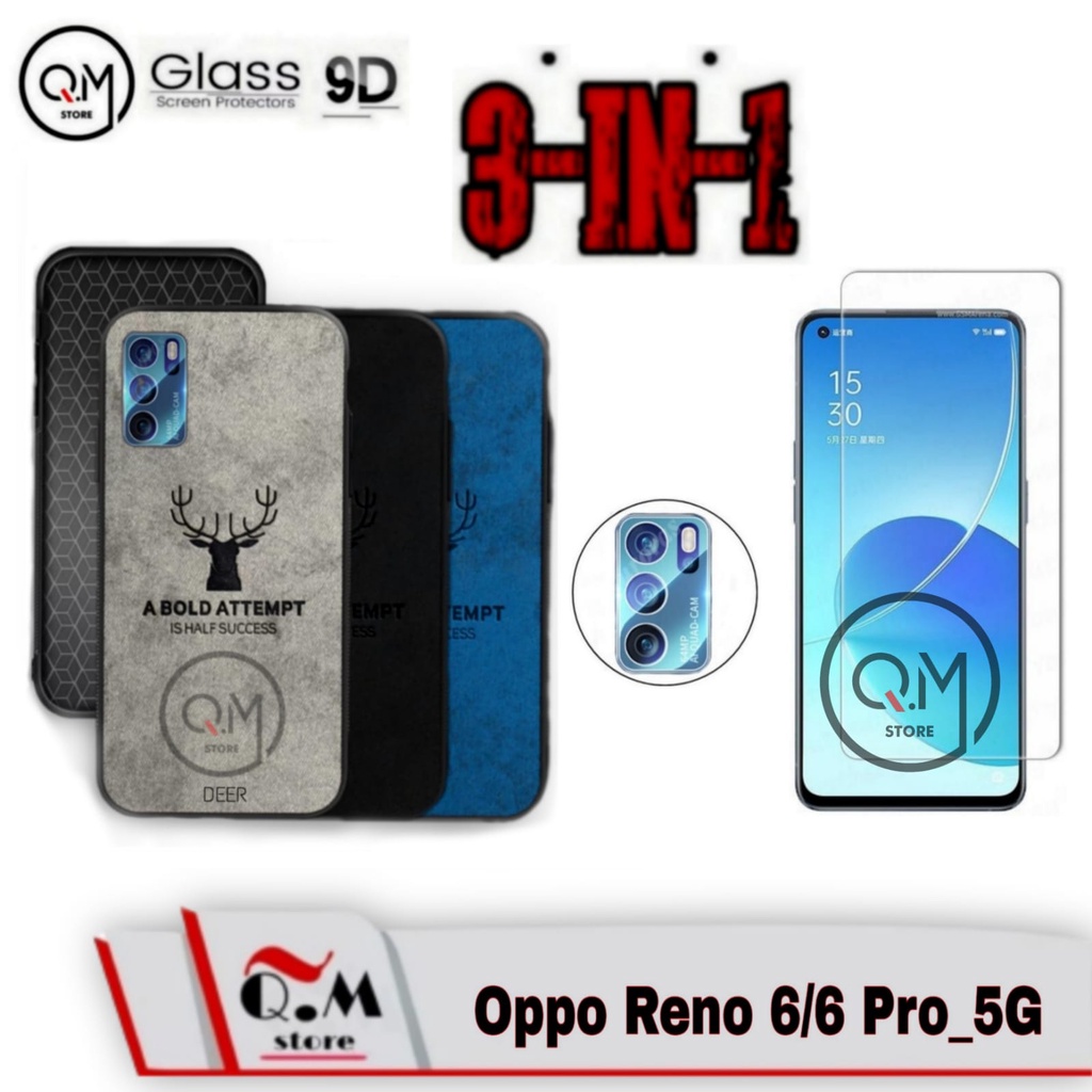 PAKET 3-IN1 Case Deer Oppo Reno 6 / Oppo Reno 6 Pro 5G 2021 Softcase DEER TPU Bermotif Rusa Jens