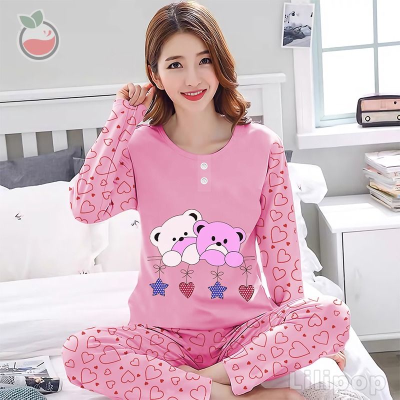 SUNCHERY COD BAJU TIDUR KEKINIAN PP ALL SIZE BAHAN KAOS/BAJU TIDUR PP TERJANGKAU/SLEEPWEAR-TWIN BEAR PINK