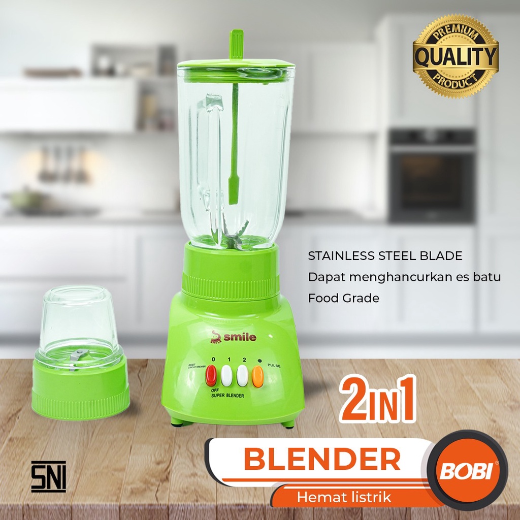 Blender 2in1 bahan kaca Hijau - Blender National Smile 2in1 Blender Set Merk Bobi Bumbu Daging Jus Es