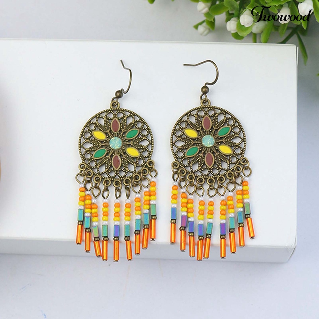 1 Pasang Anting Hook Model Hollow Aksen Manik-Manik Warna-Warni Gaya Bohemian Vintage Untuk Pesta