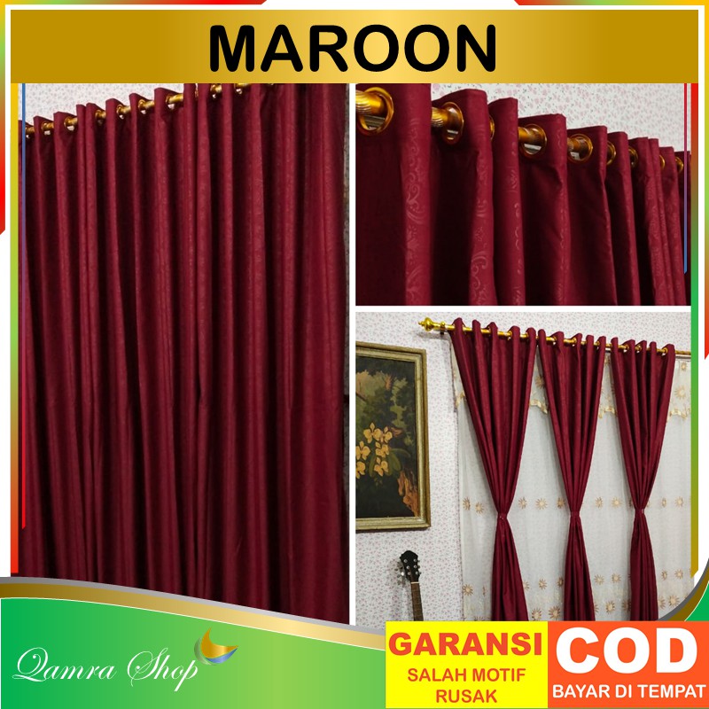 Gorden Hordeng Gordyn Korden Jendela Pintu Minimalis Murah Motif Polos Merah Maroon Smokring 12 Ring