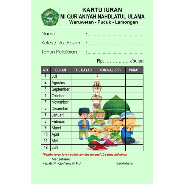 KARTU INFAQ WATERMARK CUSTOM/KARTU IURAN/IURAN BULANAN/SPP/IURAN KAS/SAMPAH/AIR/LISTRIK/BIMBEL DLL