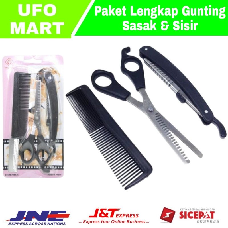 set gunting sasak rambut 3 in 1 pisau cukur lipat dan sisir murah