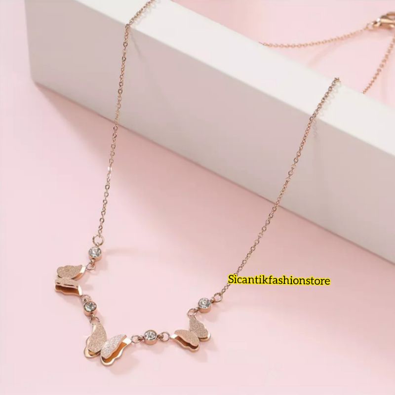 Kalung Titanium Kupu Kupu Rose Gold Fashion Wanita Terlaris Anti Karat Tidak Luntur Kalung Wanita Kekinian Terbaru Mewah