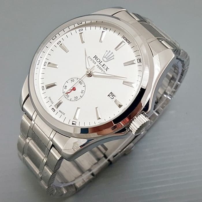 Jam Tangan Pria / Cowok Rolex Automatic Big Size Rantai Silver White Army