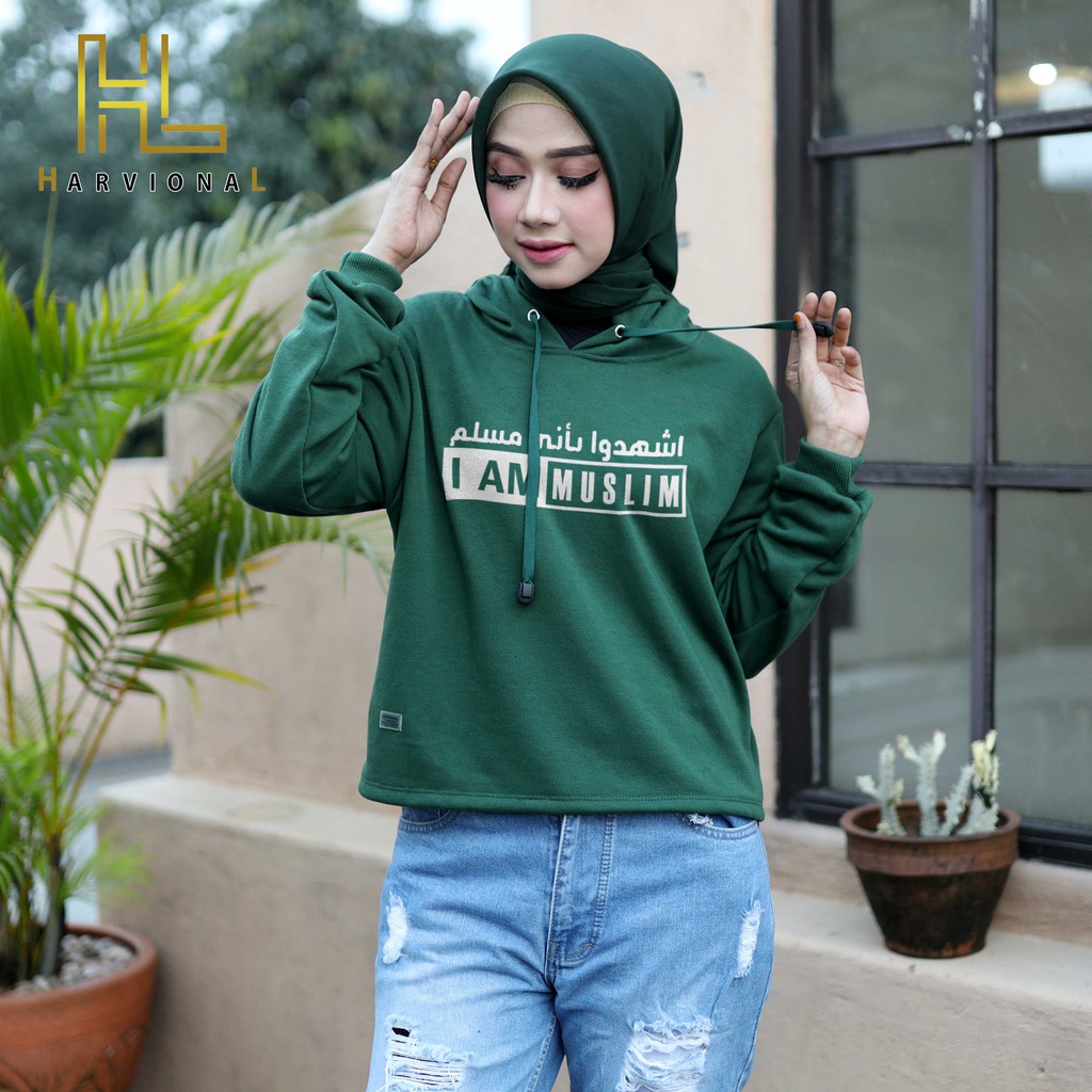 SWEATER CROP HOODIE I AM MUSLIM BAHAN POLOS TERLARIS