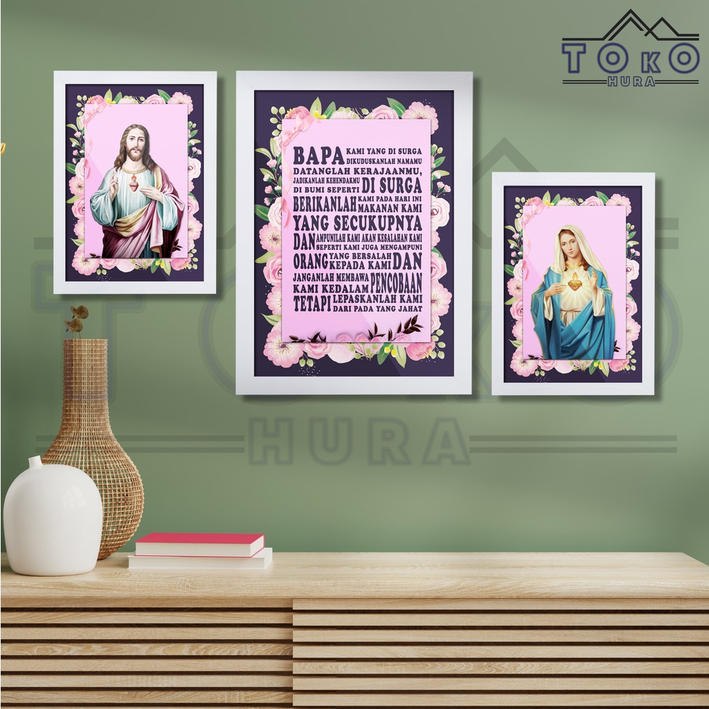 Bingkai Foto Bunda Maria dan Yesus Katolik / Poster Doa Bapa Kami