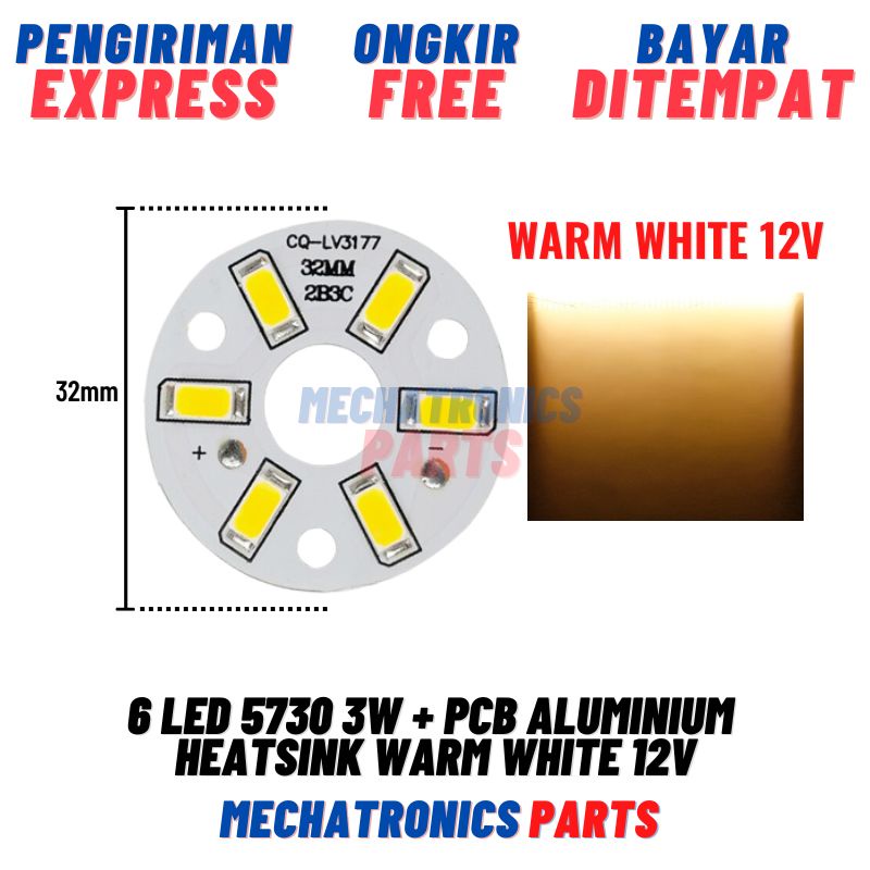 6 LED 5730 3W + PCB ALUMINIUM HEATSINK WARM WHITE 12V