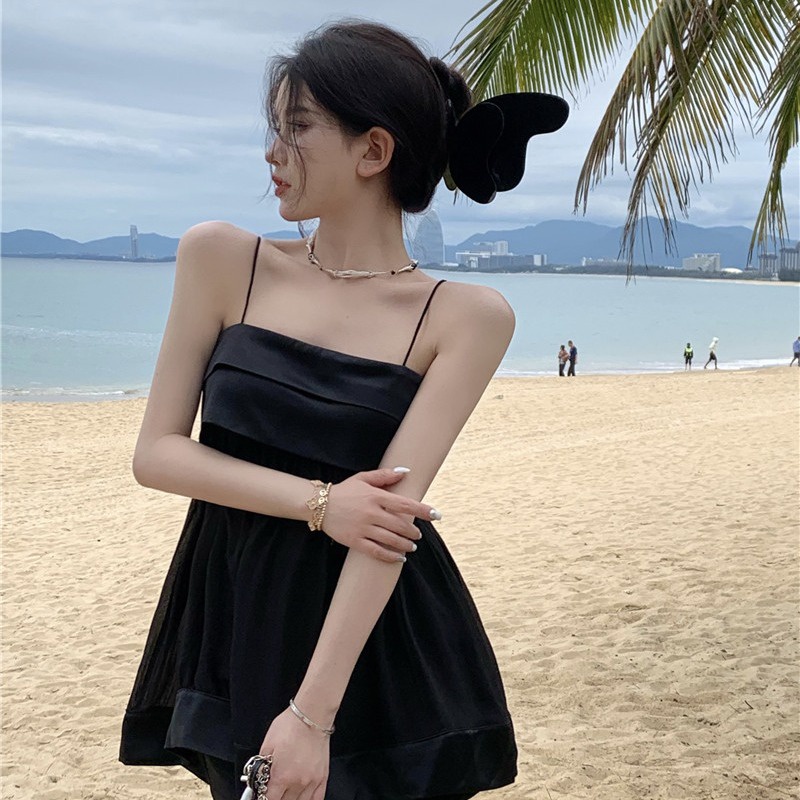 Gaun Gaya Korea Backless Tube Top Tanpa Lengan Hitam Jahitan A-line Rok Pendek Satu Bahu Suspender G