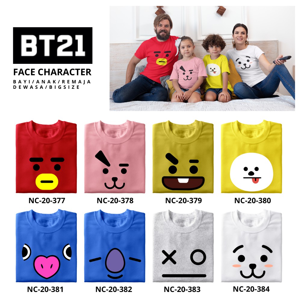  Baju  Kaos  BT21 FACE Karakter BTS Anak 2 8 Tahun Combed 30s 