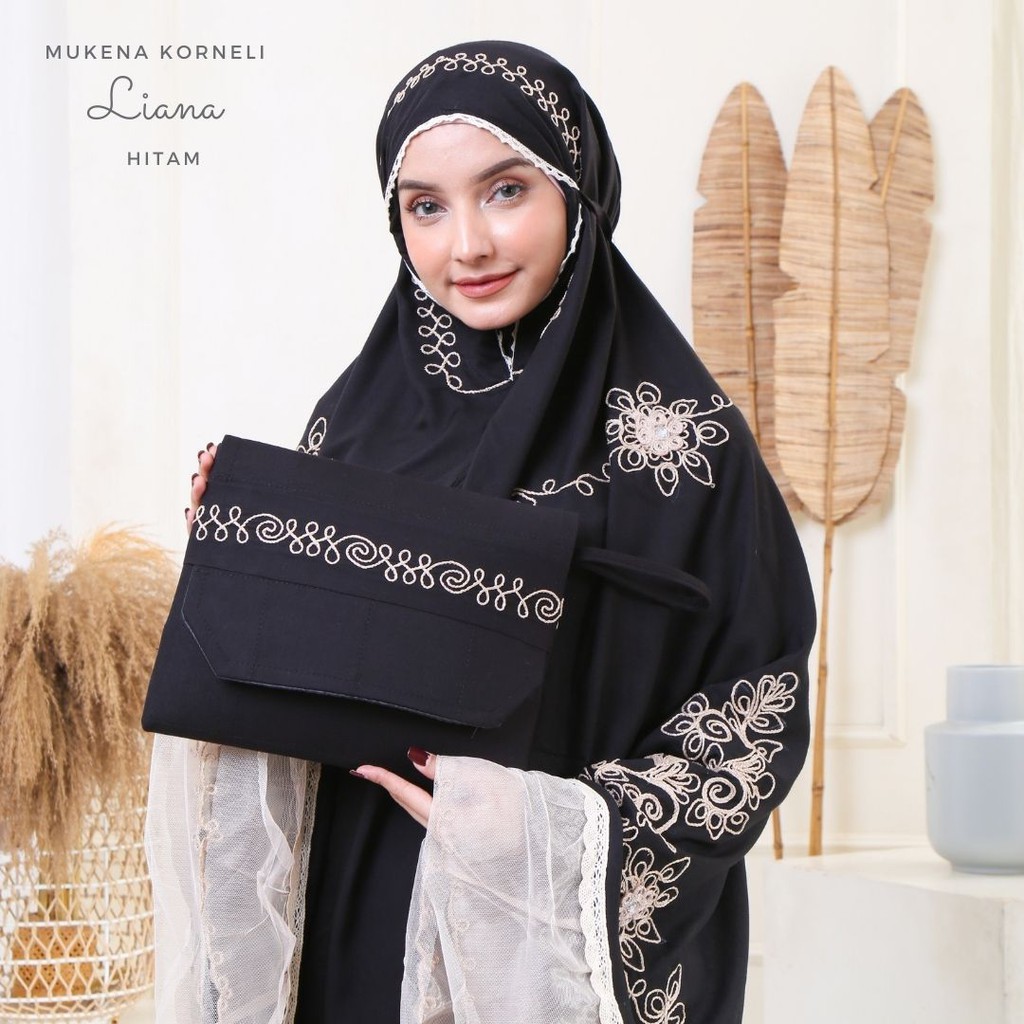 Nanoystore Official - Mukena Dewasa Katun Rayon Premium Motif Korneli Liana Warna Hitam List Renda