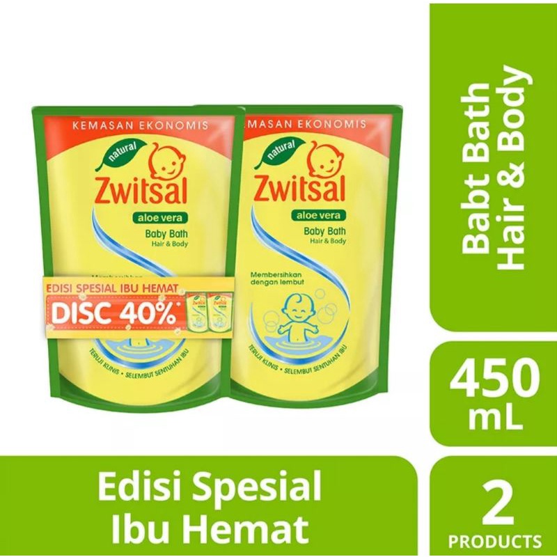 ZWITSAL Natural Baby Bath 2-in-1 Hair &amp; Body Pouch 450 ml Twin Pack