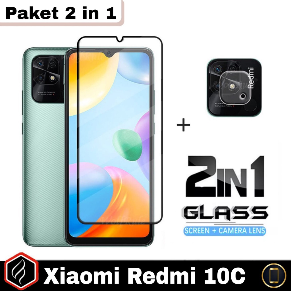 Paket 2 in 1 Xiaomi Redmi 10C Anti Gores Layar Kaca Full Cover Free Tempered Glass Camera For REDMI 10C