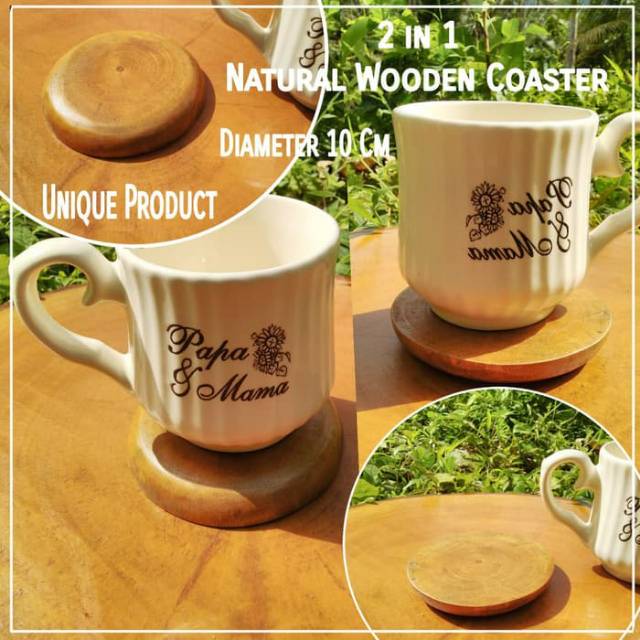 Tatakan gelas cangkir kayu unik 2 in 1, Coffee tea Wooden Coaster